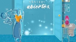 Ilustracion en la que una persona abre una puerta en la que aparece las palabras 'Datos' y 'abiertos'