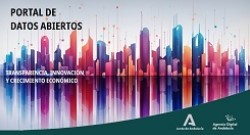 Skyline de una ciudad con las palabras Portal de Datos Abiertos y los logos de la Junta de Andalucía y de la Agencia Digital de Andalucía