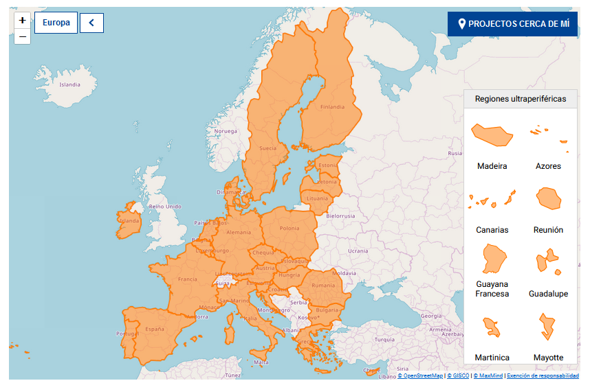 Mapa de la Unión Europea con los paises con proyectos financiados con fondos de cohesión señalados en naranja, junto a un filtro