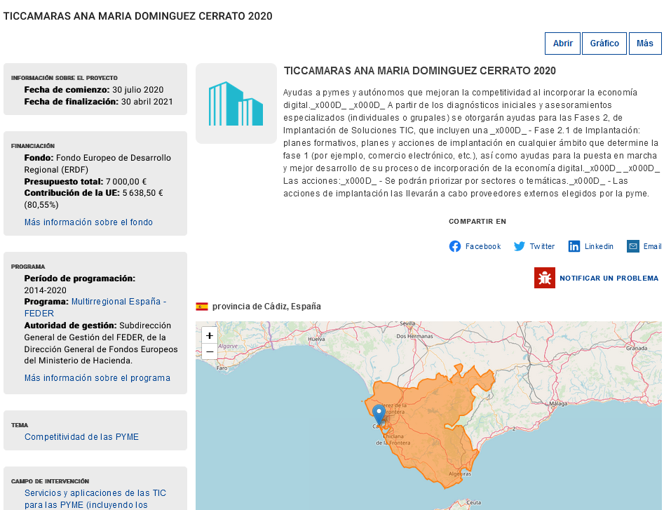 Imagen del detalle de la ficha de uno de los proyectos financiados con fondos de cohesión europeos en la provincia de Cádiz (Andalucía, España)