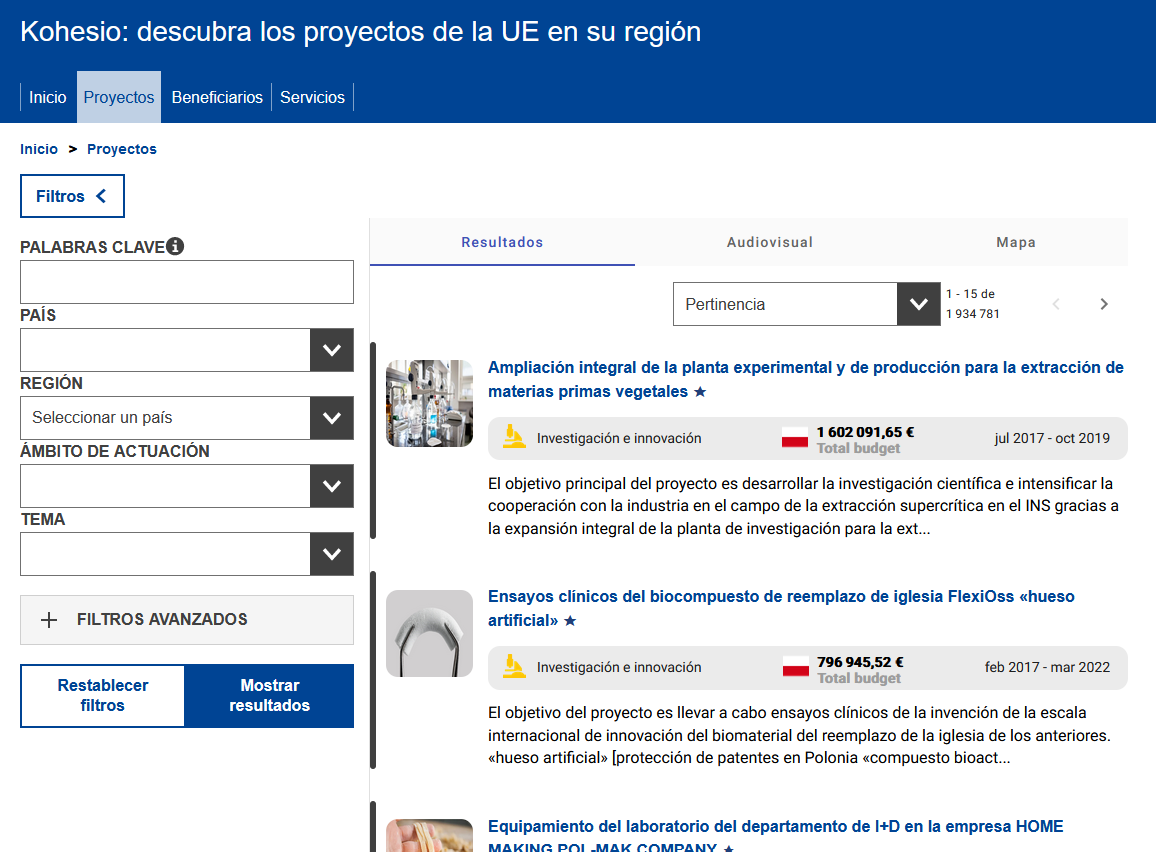 Buscador específico de Kohesio, con un filtro a su izquierda por campo y los detalles de los proyectos a la derecha