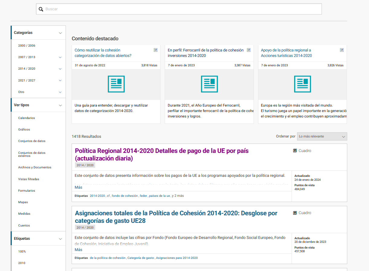 Imagen de la interfaz del buscador de Cohesion Data, con filtros por categorías a su izquierda, proyectos destacados encima y la totalidad de proyectos en el cuerpo de la página