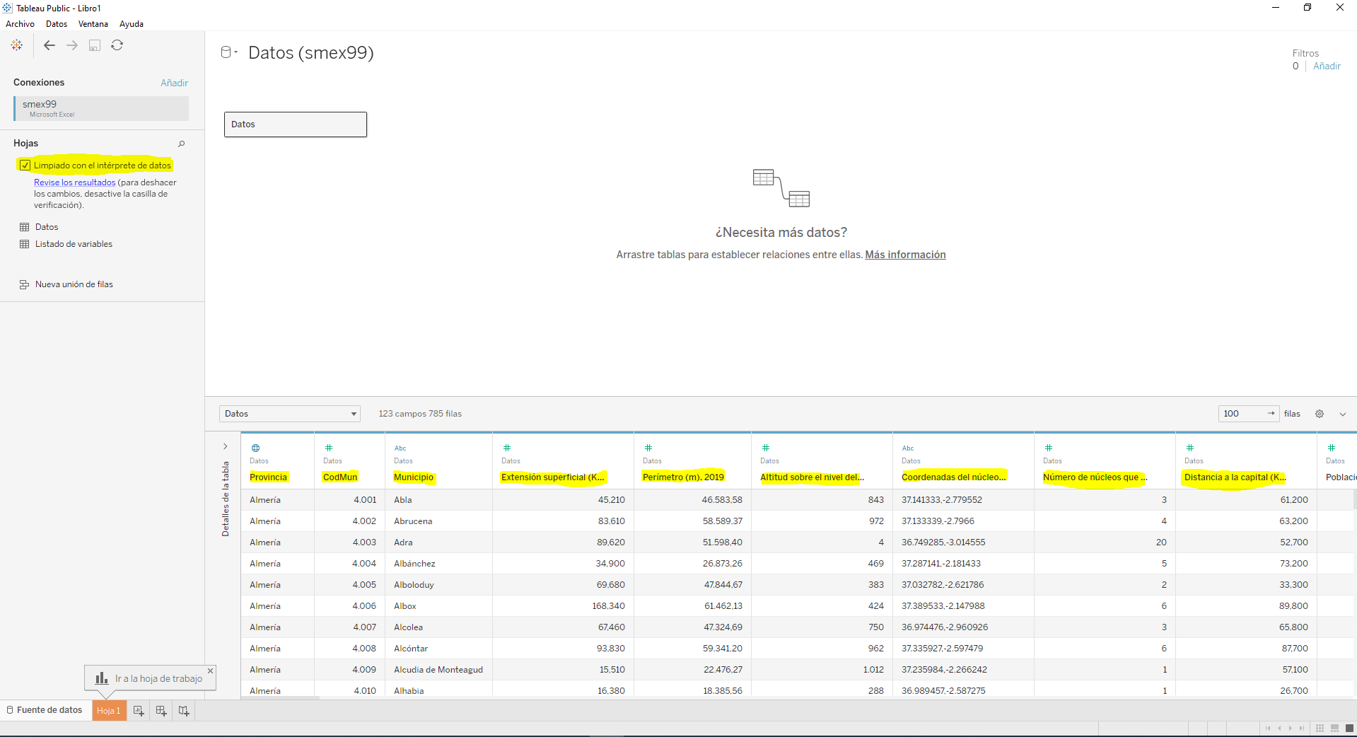 Limpiado de datos con interprete de datos Tableau