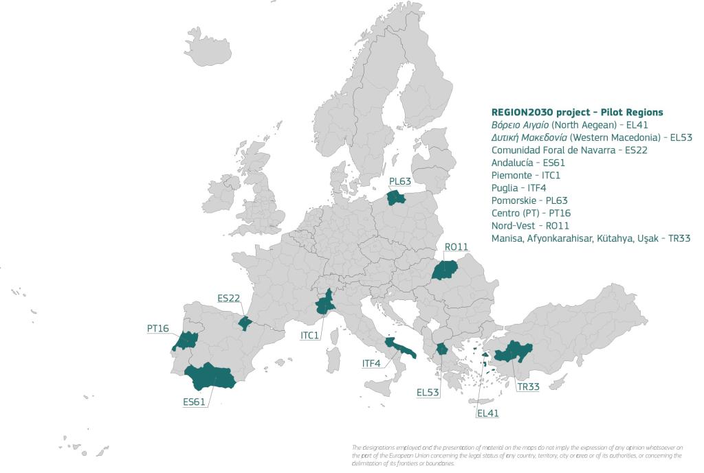 Mapa de la Unión Europea con las regiones participantes en el proyecto REGIONS 2030