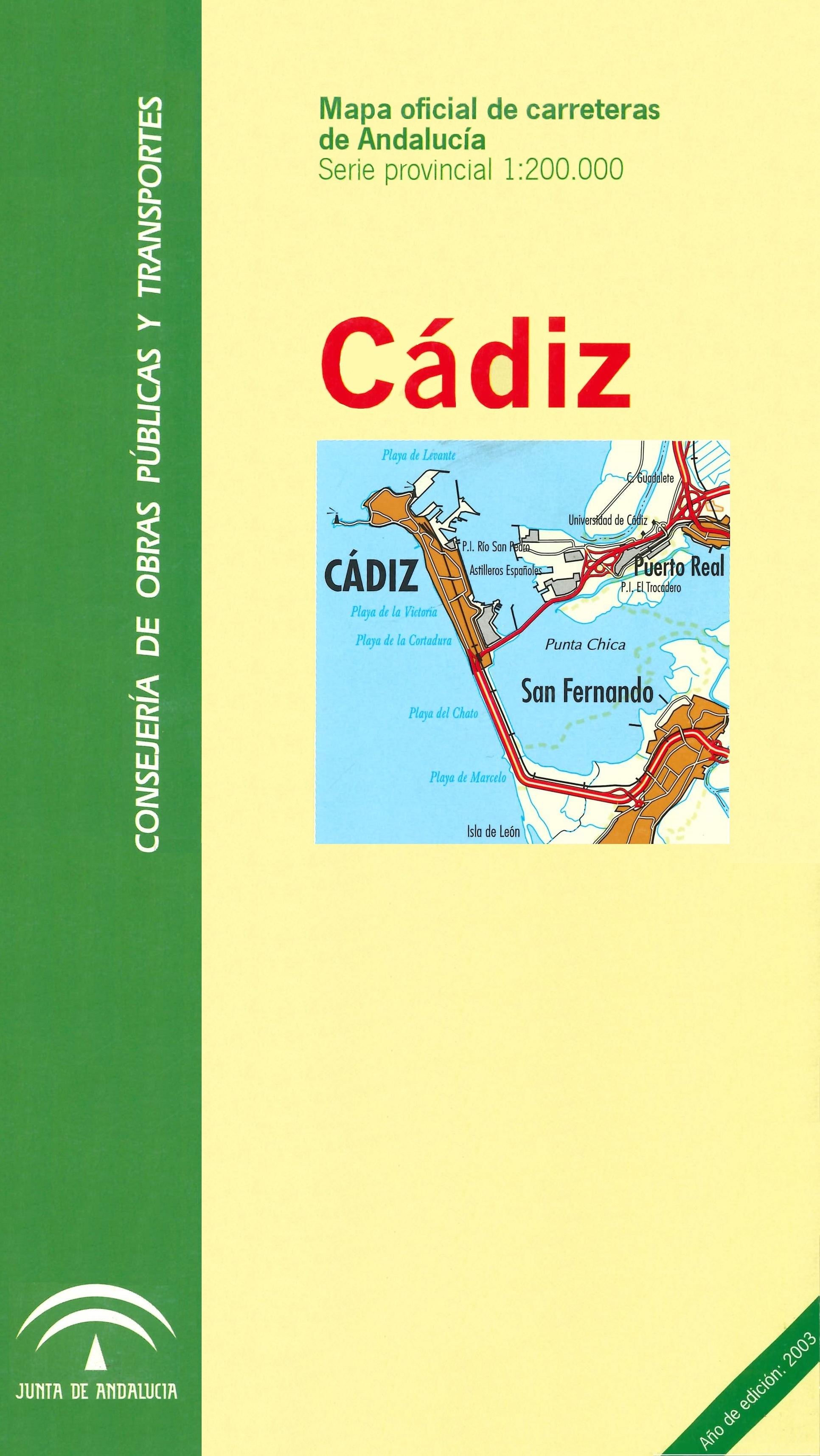 Imagen representativa de la publicación Mapa oficial de carreteras de Andalucía: Cádiz serie provincial, escala 1:200.000_2003