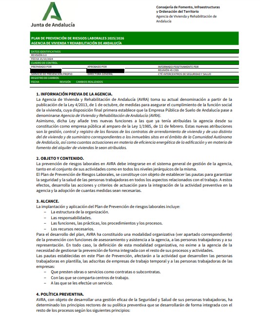 Captura imagen de portada del Plan Prevención Riesgos Laborales de AVRA 2025-2026