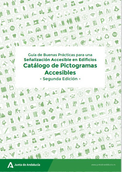 Guía de prictogramas accesibles para edificios. Segunda edición. Muestra la imagen de los pictogramas inclinada y un recuadro en el centro con el título.