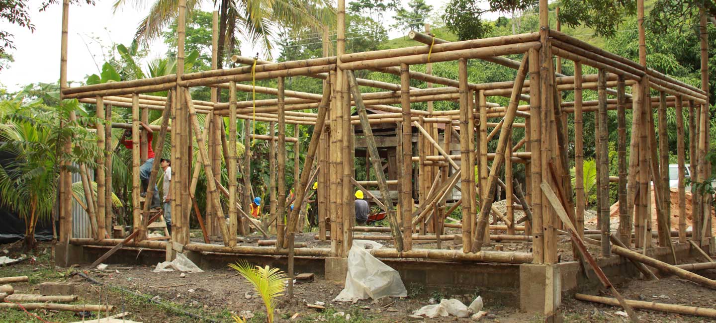 Varias personas construyen una vivienda de bambú