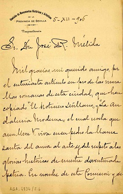 Correspondencia de José Gestoso con José Ramón Mélida sobre la declaración de Monumento Nacional de las Murallas de Sevilla