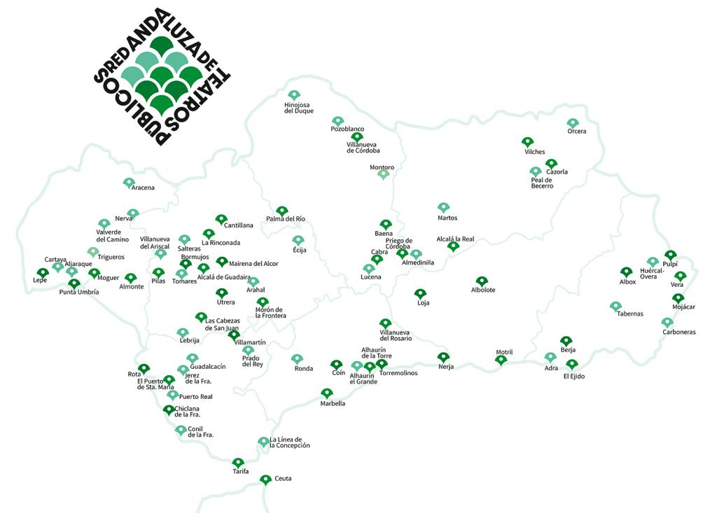 Mapa de Andalucía con los nombres de municipios incluidos en la Red Andaluza de Teatros Públicos