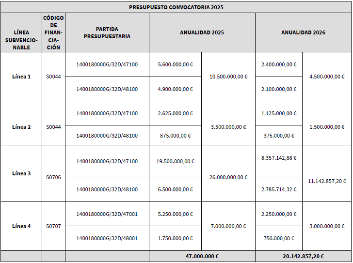 Tabla de presupuesto por lineas subvencionables para 2025 y 2026